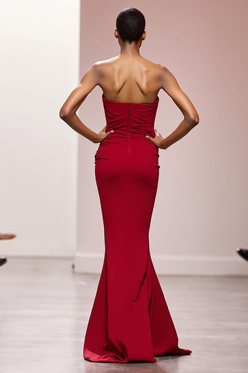 Simple Red Satin Strapless Mermaid Long Formal Dress